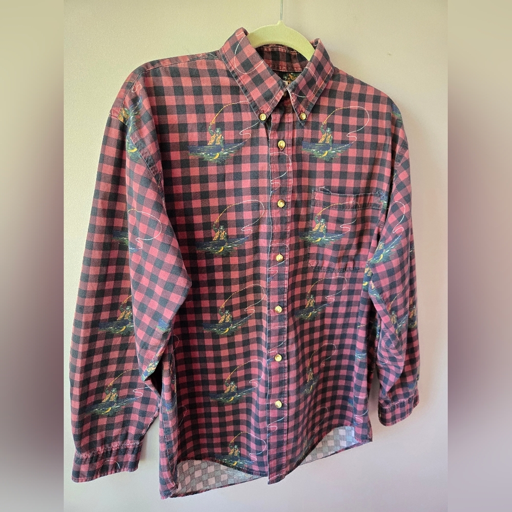 NorthCrest Vintage Fly Fishing Buffalo Plaid Button Down SIZE MED 🐟🐟🐟🐟🐟